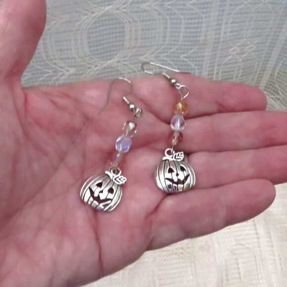 Handmade Silver Dangle Pumpkin Earrings for Halloween, Drop Earrings for Women - Picture 6 of 7